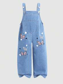 SHEIN Sparklyn Tween Girls' Summer Casual Fashion New Jumpsuit, Cute Butterfly Digital Print Pattern Metal Button Suspender Denim Long Pants, Suitable For Tween Girls Back To School Season, Cute Sweet Lively Lady Daily, School, Outing, Travel, Party, Photo Shoot Plant Girls Overall Set Little Girl Overall Pants With Butterflies And Flowers Girls Butterfly Outfit Toddler Overalls Girl Plant Pants With Butterflies And Flowers - Light Wash - View 4