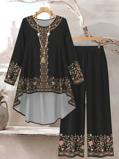 Lacomfia 2pcs/Set Plus Size Women Floral Digital Print Spring Fashion Round Neck Long Sleeve Asymmetric Hem Loose Top & Pants Plus Size Matching Set Plus Size Pants Set 2pc Sets For Women Modest Sets For Women Plus Size Pant Suit