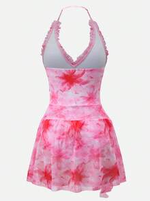 Bellisia Women's Summer Beach Floral Print Ruffle Trim Halter Neck Swimdress Birthday Dress Sexy Summer Pink Tea Party Dress Flamingo Dress Dress Pink Pink Birthday Outfit Women - Multicolor - View 2