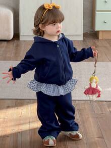 DAZY Baby Girl Fashion Plaid Patchwork Hoodie Sweatshirt & Pants Set, Casual Outfit Toddler Girls Clothes - Navy Blue - View 5