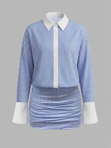 Cévolie Đầm ngắn tay dài in họa tiết sọc dành cho nữ năm 2026. - Màu xanh lam - Xem 3