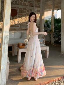 DAZY Women's Tie-Up Floral Midi Dress, Summer Holiday Style - Apricot - View 2