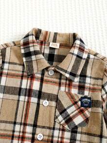 Cozy Pixies Baby Boy Plaid Collar Long Sleeve Button-Up Casual Shirt, Versatile For Autumn/Winter - Khaki - View 4