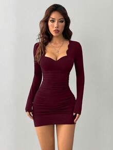 INAWLY Women's Elegant Sexy Ruffle Collar Long Sleeve Mini Dress, Autumn/Winter - Red - View 3