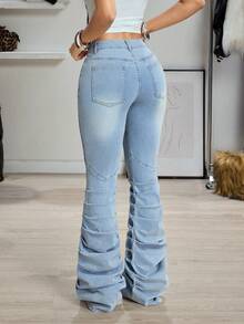 Jeanoix Y2K Women's Pleated Pocket Flare Leg Casual Jeans - Light Wash - View 2