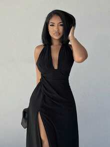 Alexandranx Women's Deep V-Neck Backless Halter Neck Chiffon Dress, Perfect For Weddings, Parties And Spring/Summer Holidays - Black - View 4