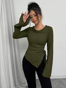 Selianne Women's Asymmetrical Hem Drawstring T-Shirt With Flare Sleeves, Ribbed Collar, Autumn/Winter - Army Green - View 6
