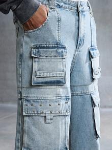 ROMWE MEN Street Life Men's Loose Casual Fashion Utility Blue Jeans - Blue - View 2