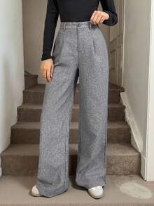 SHEIN Tall 教师装女装灰色褶裥优雅长裤带口袋，秋冬灰色高腰阔腿裤宽松大码裤商务职业女装宽松阔腿裤秋季女装冬季女装外出下装