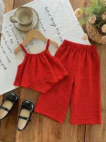 SHEIN LMoss Kids Bộ 2 món áo ba lỗ không tay màu trơn và quần ống rộng thoải mái cho bé gái - Đỏ - Xem 4