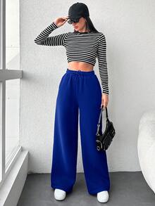 EURMUSE Women's Solid Color Drawstring Waist Wide Leg Pants - Royal Blue - View 5