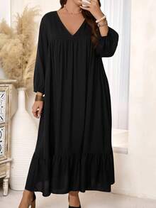 EMERY ROSE Sukienka damska w dużym rozmiarze, na co dzień, na wakacje, czarna, z dekoltem w serek, rękawami 3/4, z wyciętymi plecami i luźną, długą sukienką, wczesną wiosną