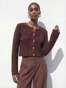 Maija Cárdigan de manga larga de cuello redondo de una hilera de botones, versátil para fiesta y trabajo, de moda para mujer - Marrón - Ver 9