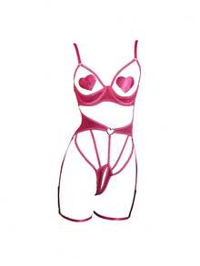 SpicyHot 5pcs/Set Pink Summer Sexsy Party Wedding Guest Music Festival Lace-Up Hollow Out Bodysuit With Underwire,Includes:Bodysuit+Nipple Pasties+Leg Garters - Hot Pink - View 1
