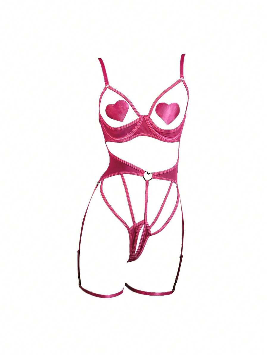 SpicyHot 5pcs/Set Pink Summer Sexsy Party Wedding Guest Music Festival Lace-Up Hollow Out Bodysuit With Underwire,Includes:Bodysuit+Nipple Pasties+Leg Garters - Hot Pink - View 1
