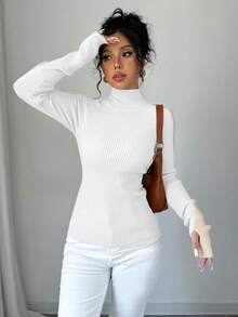 RosyDaze Contrast Color Collar Raglan Sleeve Slim Fit Basic Tee High Neck Top Ribbed Top Tight Tops Women's Turtleneck Mock Neck Top - White - View 4
