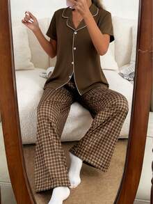 SHEIN 女士休闲格子印花翻领短袖睡衣套装 - 咖啡棕 - 查看 5