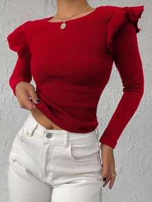 EURMUSE Áo thun dệt kim gân 95% cotton viền bèo nhún - Màu Đỏ Sâu - Xem 3