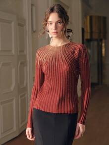SHEIN Unity Women's Crew Neck Long Sleeve Ribbed Rhinestone Decor Elegant Knit Sweater,Brown And Gold,Autumn,Dinner Date,Chic Stylish For Fall Winter New Year - Burgundy - View 5