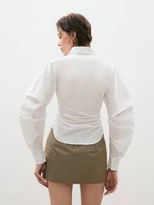 ATUI Studio Women's Fashion Solid Color Oblique Collar Pleated Blouse - White - View 3