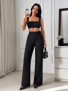 Women's High Waist Metal Button Design Elegant Straight Leg Pants - Black - View 6