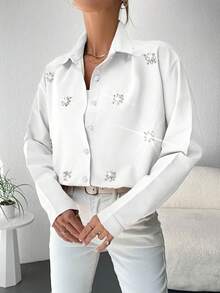EURMUSE 棉质女士水钻装饰落肩衬衫 - 白色 - 查看 5