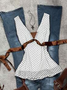 Glimmora Retro Y2K Stil Polka Dot Tiefer V-Ausschnitt Schnürung Taille Crop Top, sexy Satin Patchwork ärmelloses Top für Frauen - Verschiedenfarbig - Übersicht 3