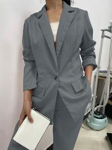 Chiquease 女式纯色缺口领长袖纽扣前口袋西装外套和裤子套装 - 灰色 - 查看 1