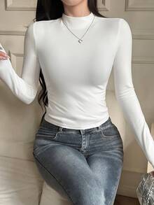 DAZY 女士高领修身长袖T恤 - 白色 - 查看 6
