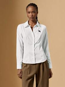 Briarwyn Camisa Casual Feminina com Cintura Marcada de Manga Longa com Botões, Adequada para Outono/Inverno, Camisa Listrada - Preto e Branco - Visão 3