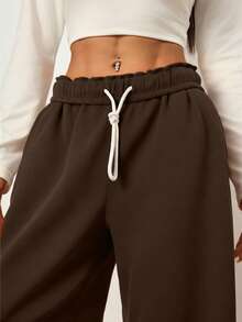 Flirla Quần dài thể thao nữ màu xám, cạp gập, dây rút, túi xéo, ống đứng, phong cách đường phố thường ngày. - màu nâu - Xem 3