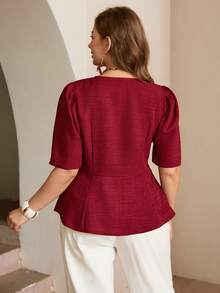 Roveilla Plus Size Women Solid Color Bamboo Knot Round Neck Waist A-Line Open Front Button Short Sleeve Chestnut Blouse Shirt, Elegant Vintage French Style For Office, Casual, Vacation, Afternoon Tea, Street, Simple Versatile, Spring/Summer New Burgundy Blouse Wine Red Top Red Blouses Work Blouse For Women Dark Red Tops Maroon Tops Office Blouse For Women - Red - View 2