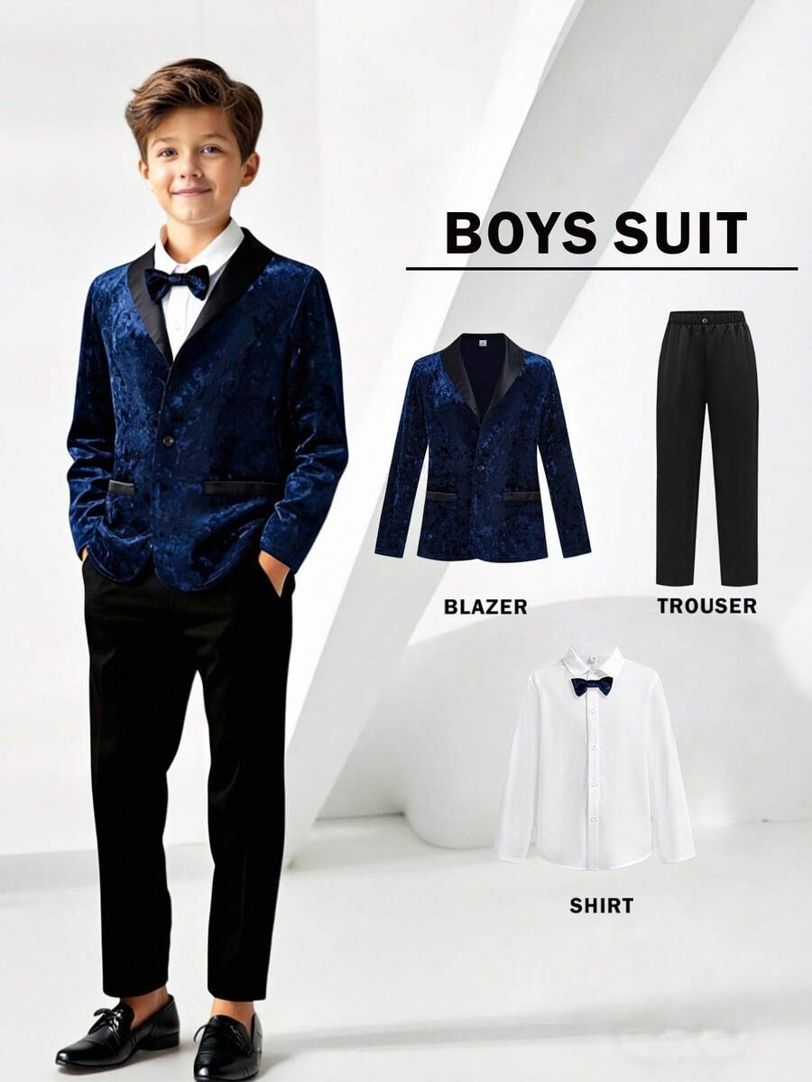 SHEIN Bộ vest 3 món Tween Boy màu xanh navy, quần đen cạp chun, áo sơ mi trắng, nơ, thích hợp cho tiệc sinh nhật, tiệc Giáng sinh, dịp trang trọng, biểu diễn, đám cưới, tiệc mừng em bé, lễ rửa tội, lễ kỷ niệm - Màu xanh lam - Xem 1