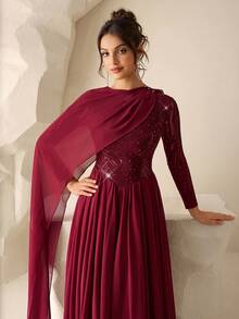 Coutiva Elegant Party Sequin Patchwork Cape Sleeve Dress - Burgundy - View 5