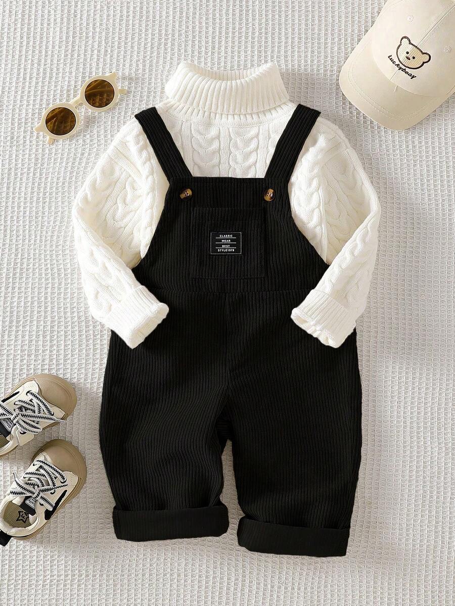 SHEIN Playful Pals Baby Boys 0-3 Years Old Khaki Letter Embroidered Corduroy Jumpsuit, Suitable For Outings, Casual, Birthday Party - Black - View 1