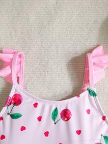 SHEIN Girls' Cute Cherry Heart Print Frill Sleeve One-Piece Swimsuit With Mesh Cover-Up, 2pcs Set, Pink - Pink - View 4
