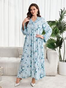 Al Najma 女士优雅印花阿拉伯风格连衣裙 - 彩色 - 查看 6