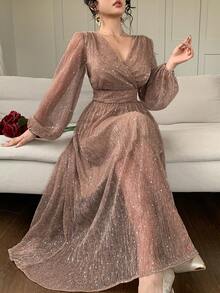 DAZY Women's V-Neck Long Sleeve Sequin Fabric Waist Cinched Long Elegant Dress Valentine's Day - Dusty Pink - View 2
