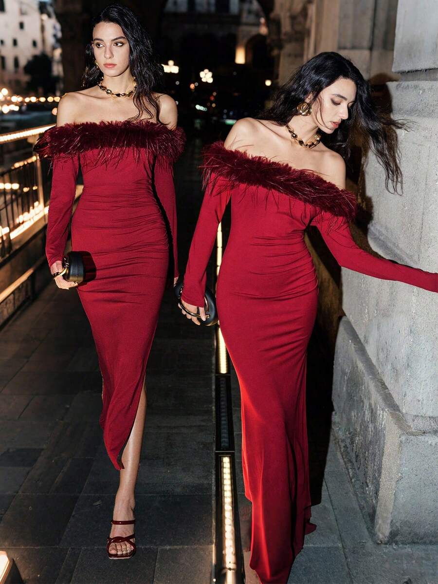 SHEIN LUNE Women's Elegant Fashion Holiday Party Evening Cocktail Date Night Dress With Shiny Waist Twist Ruched Flounce Decor Bodycon Slim Fit Long Sleeve - Burgundy - View 1