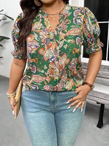 Breezaya 女士大码梭织休闲度假印花宽松衬衫 - 綠色 - 查看 4