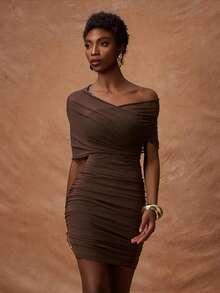 Zivah 2026 Spring/Summer New Valentine's Day, Music Festival, Easter, Western, Boho, Nashville Party, Wedding, Evening, Date, Gathering Off Shoulder Side Ruched Sheer Mesh Fabric Lined Bodycon Mini Dress - Rust Brown - View 3