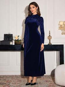 Modelyn Đầm nhung đen thanh lịch đính đá và ruy băng cho nữ, thích hợp cho mùa Thu/Đông. - Xanh đậm - Xem 6