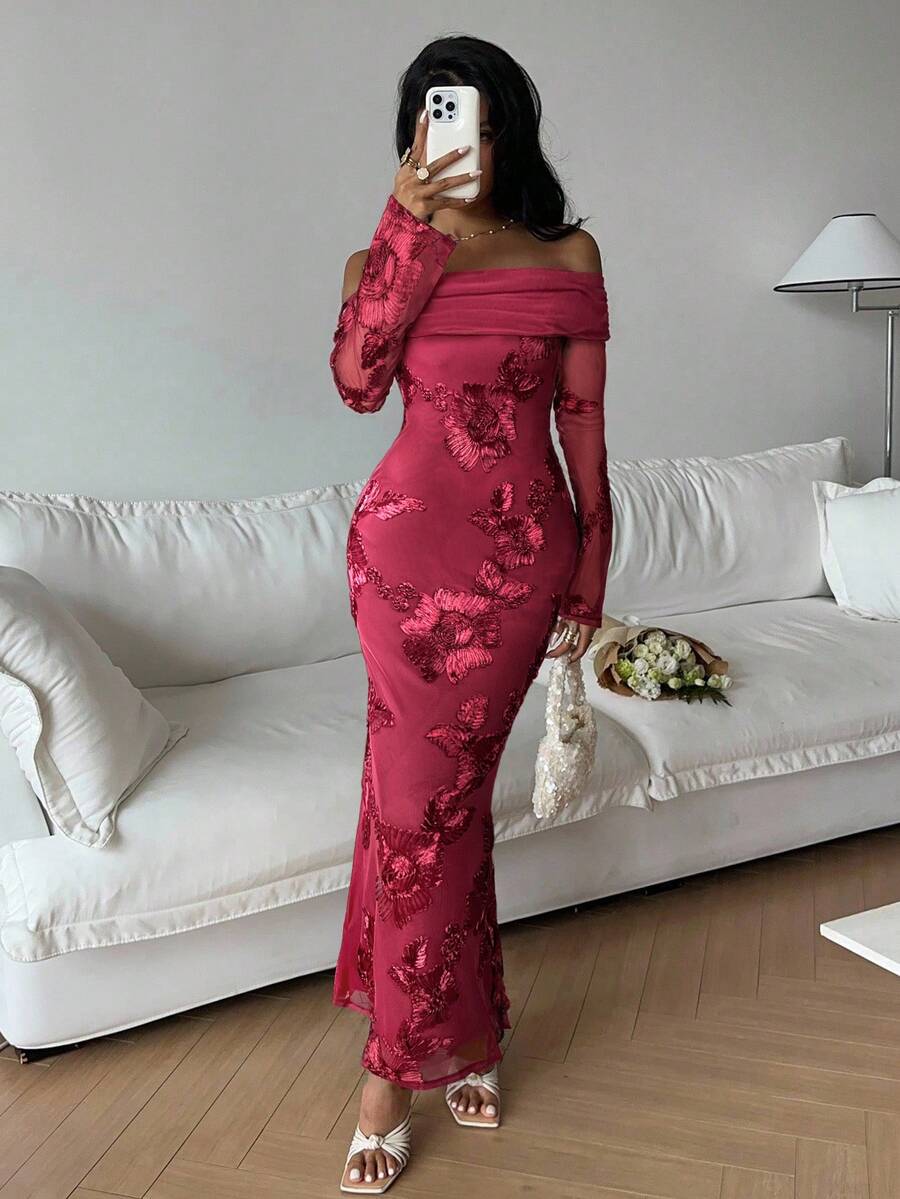 Serisse 女士时尚优雅露肩中长连衣裙,适合派对穿着 - 酒紅色 - 查看 1