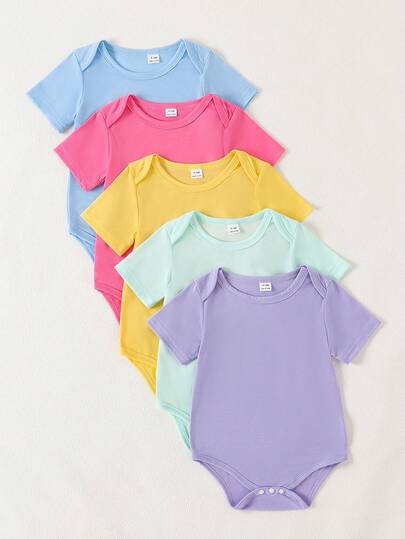SHEIN Playful Pals 5pcs/Set Baby Girls' Soft & Comfortable Crew Neck Solid Color Candy Bodysuit, Fashionable Casual Daily Wear, Easy On/Off, Short Sleeve & Shorts, Spring/Summer