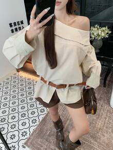 DAZY Blusa a maniche lunghe con spalla asimmetrica, stile coreano, colore unito, look femminile e fresco, scollo a spalla scoperta per donna - Albicocca - Visualizzare 1