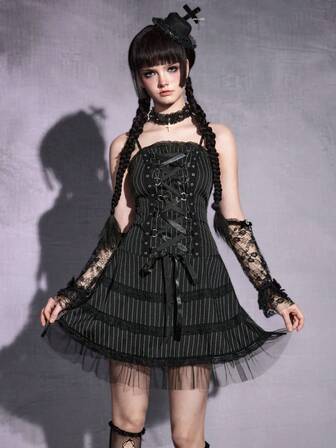 Gothic Romantic Lace Trim Tie-Up Design Mesh Splice Thin Striped Slip Dress For Women