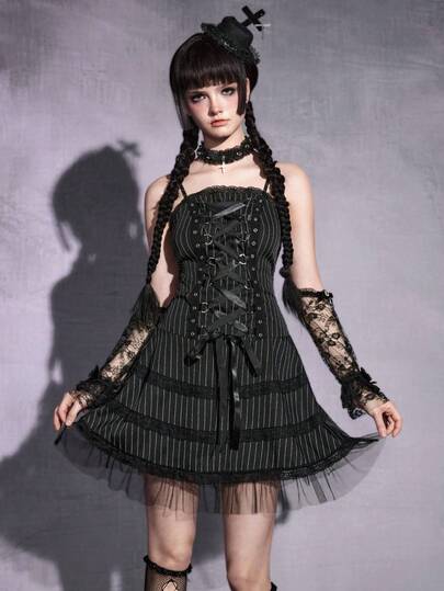 Gothic Romantic Lace Trim Tie-Up Design Mesh Splice Thin Striped Slip Dress For Women