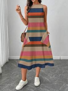 SHEIN LUNE Vestido casual de mujer de longitud media con estampado de bloques de color a rayas, adecuado para primavera/verano - Multicolor - Ver 4