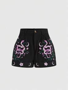 ROMWE Goth Quần short nữ kiểu cổ điển thêu họa tiết dây leo bí ẩn, hình ngôi sao, mặt trăng và rắn. - màu đen - Xem 1