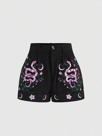 Goth Pantaloncini da donna vintage con ricamo misterioso di vite, stelle, luna e serpente